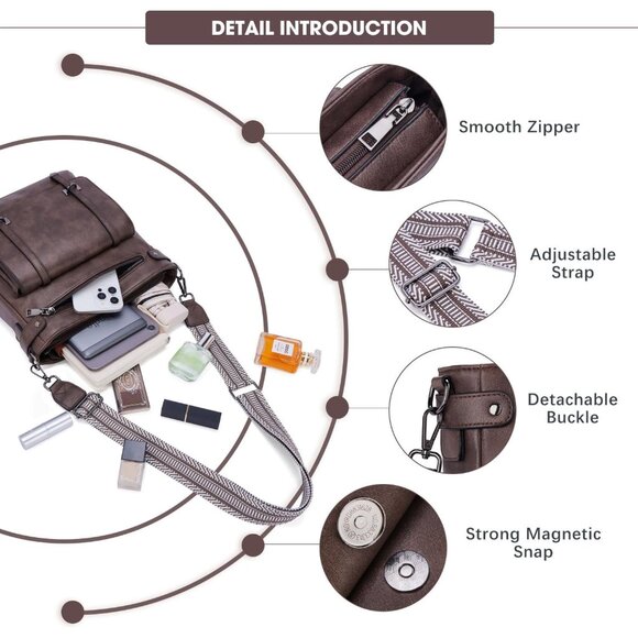 Stylish Multi-Pocket Vegan Leather Crossbody Handbag with Adjustable Strap - Picture 5 of 6